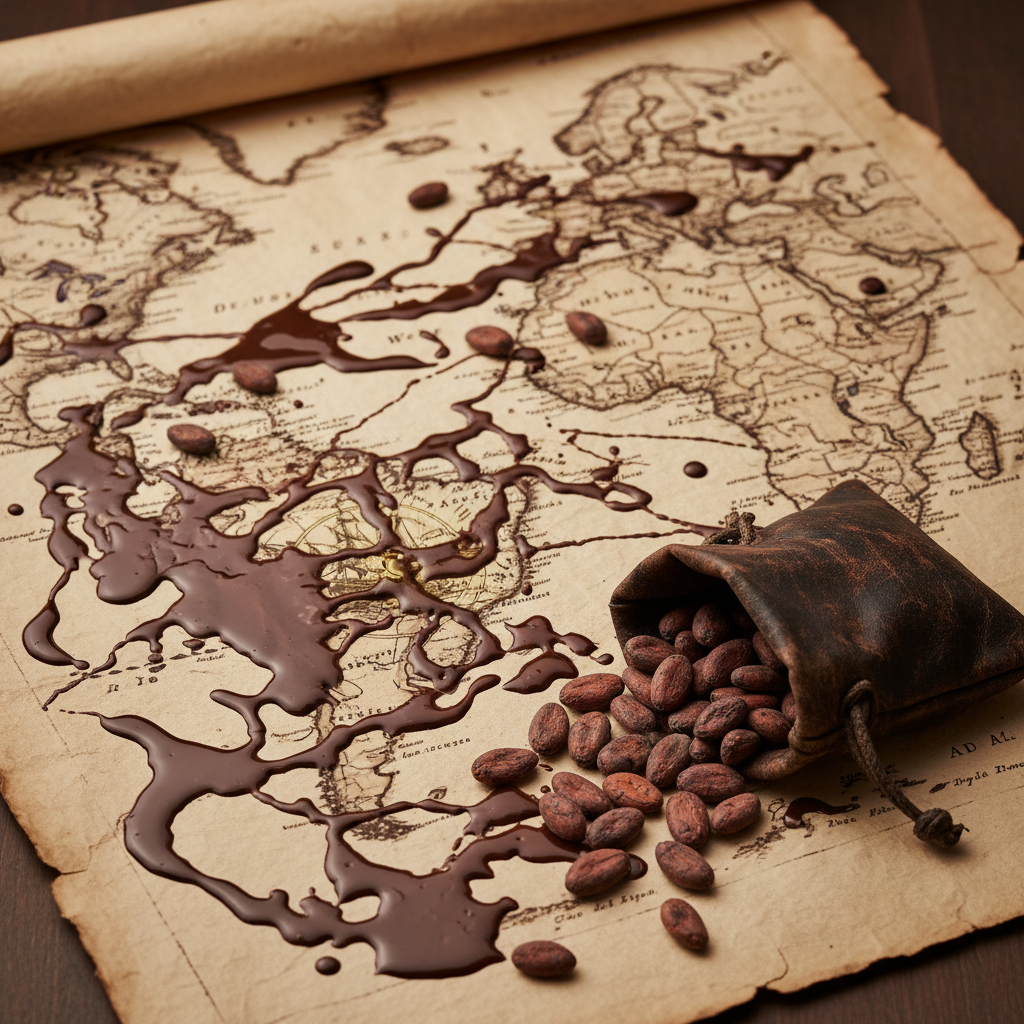 A vintage map of the Atlantic trade routes, stained with chocolate, with a small leather pouch of beans resting on the c