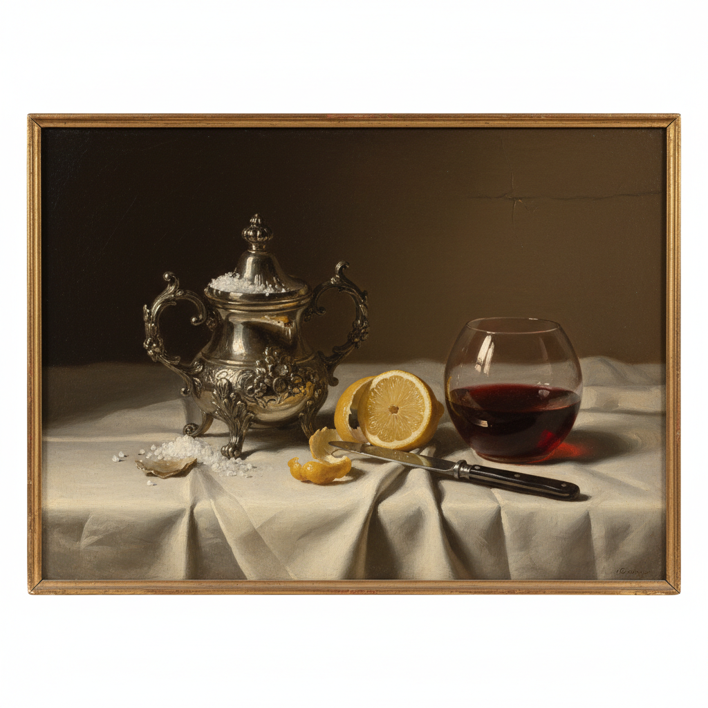 A lavish still-life painting in the style of Chardin, featuring a silver salt cellar overflowing with white crystals, po