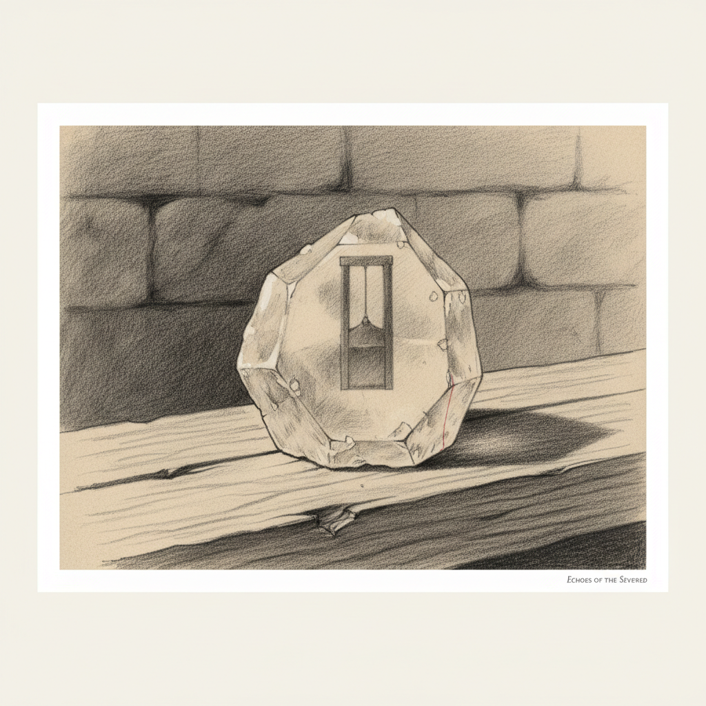 A haunting, minimalist sketch of a guillotine blade reflected in a single, large salt crystal that sits on a rough woode