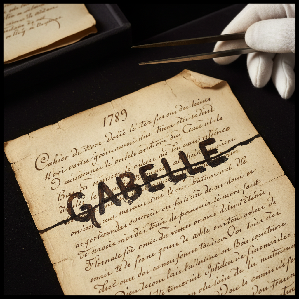 A close-up of a dusty, yellowed page from a 1789 Cahier de Doléances, the handwriting cramped and frantic, with the word