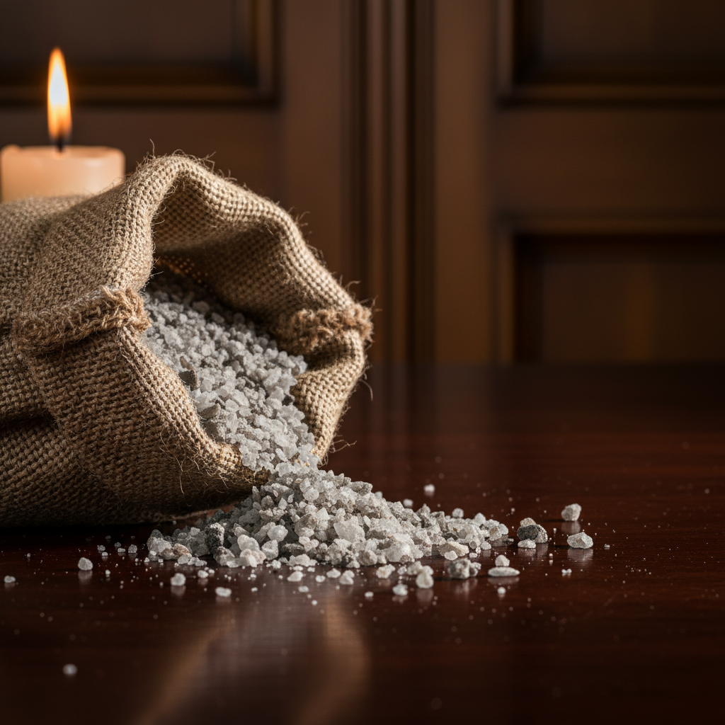 A close-up of coarse, grey sea salt spilling from a rough burlap sack onto a polished mahogany table, the crystals sharp