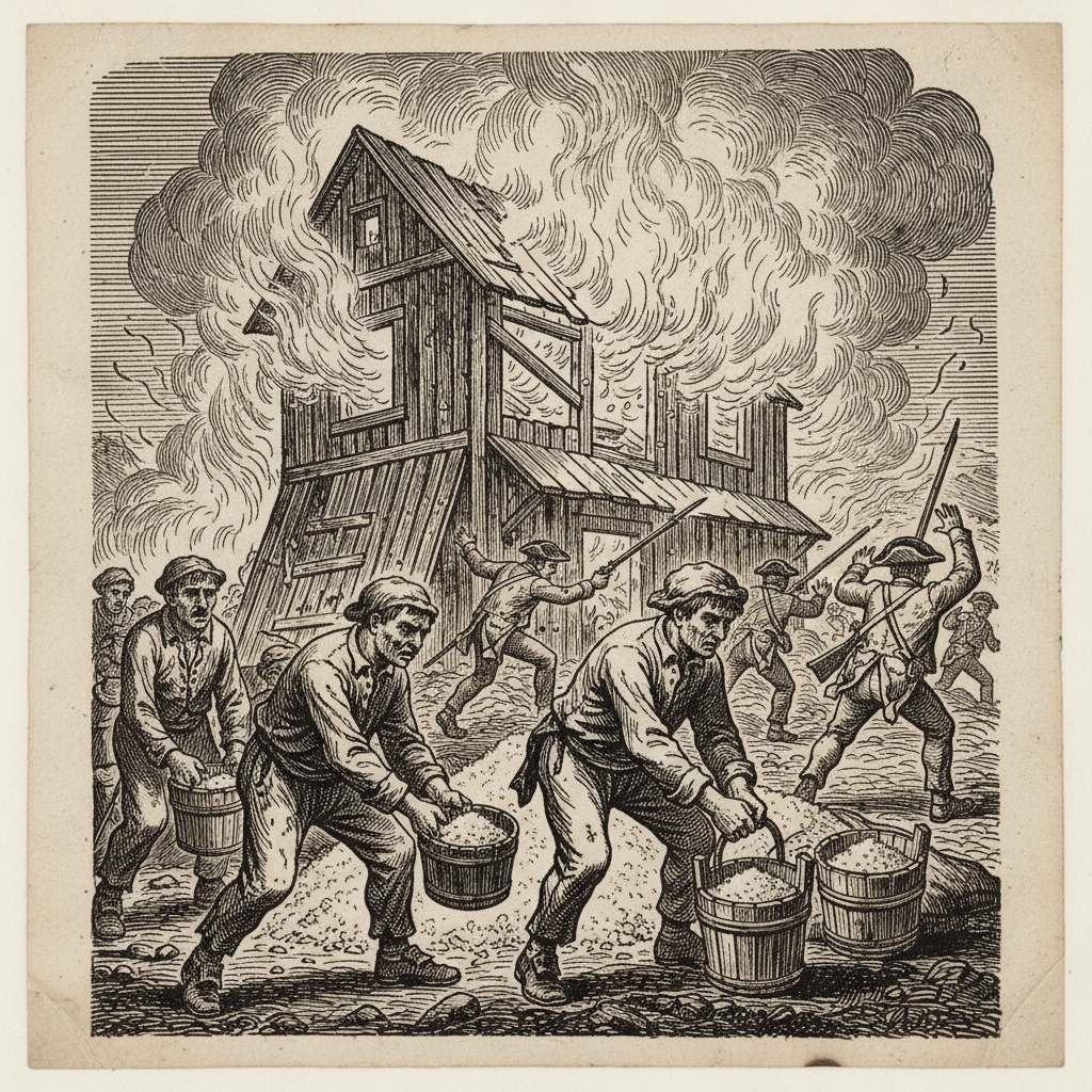 A dramatic, soot-streaked woodcut of a burning Gabelle warehouse, with peasants in the foreground frantically scooping w