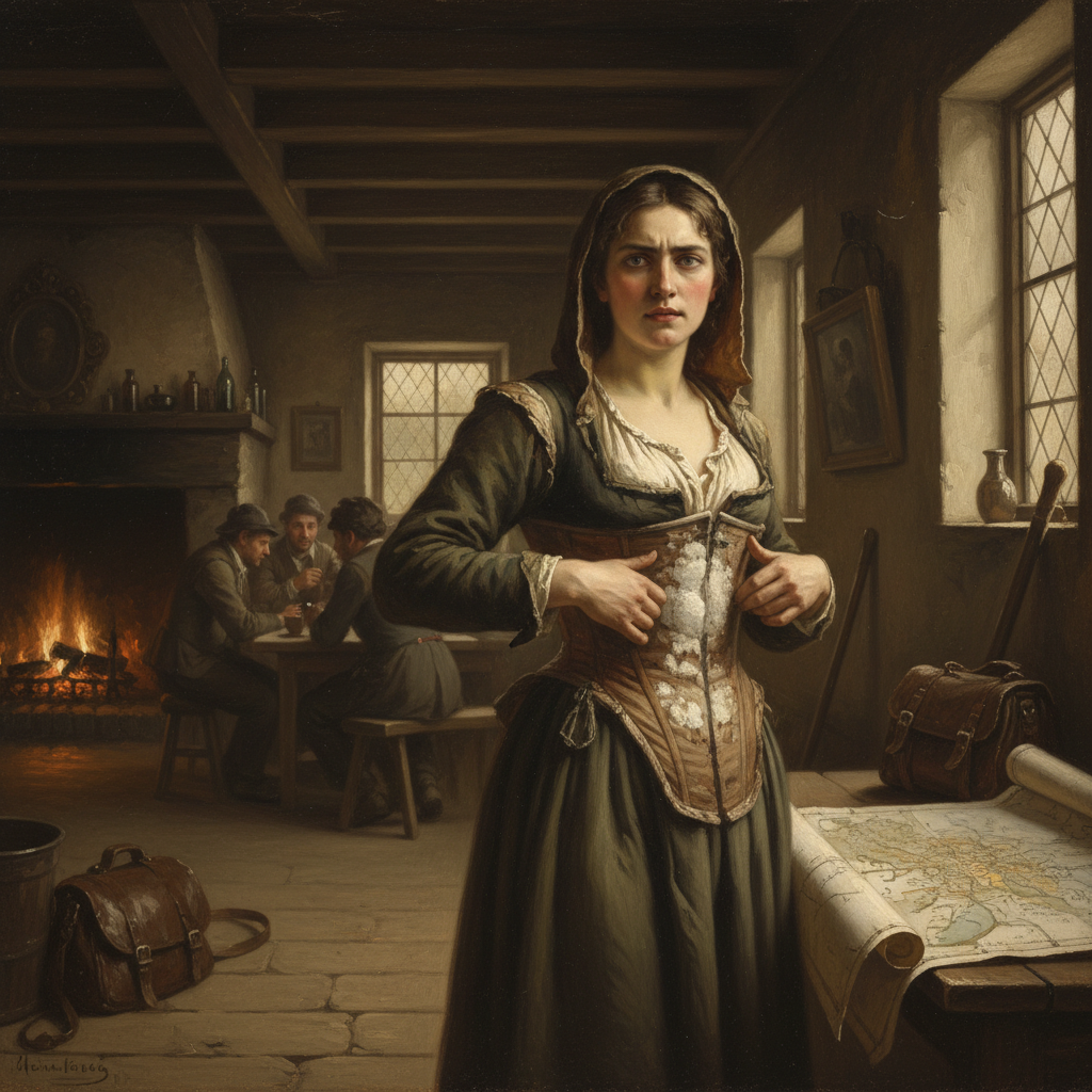 A detailed painting of a woman courier at a roadside inn, her expression wary, adjusting the heavy, hidden weight of a s