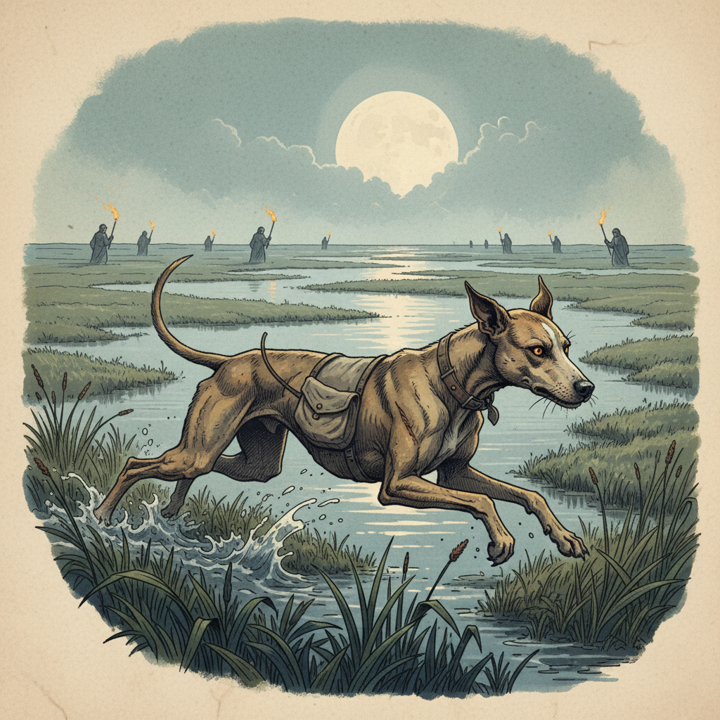 An atmospheric illustration of a "salt dog" - a lean, scarred hound with a canvas pouch strapped to its belly, leaping thr