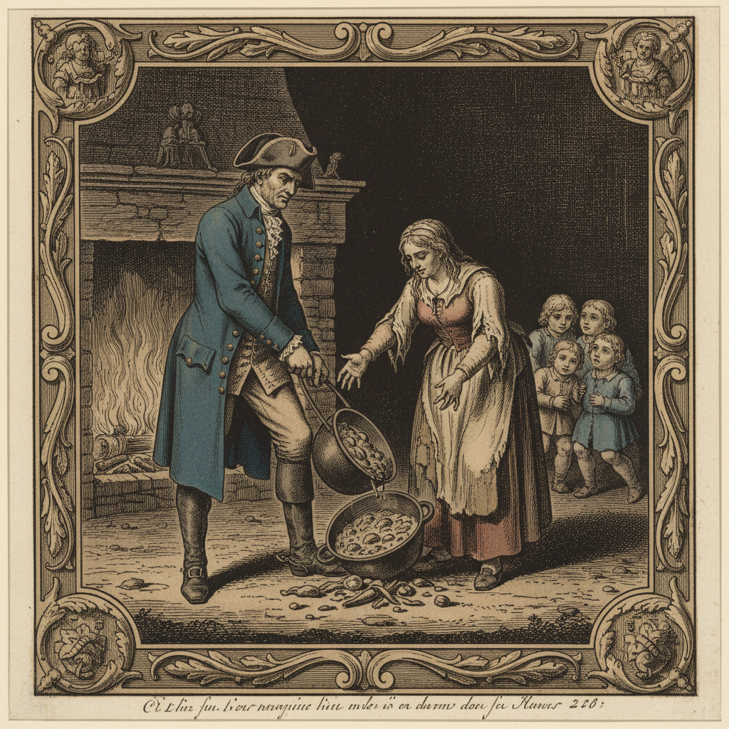 A 1780s woodcut of a Gabelou guard, tall and menacing in a blue coat, overturning a peasant woman’s cooking pot while he