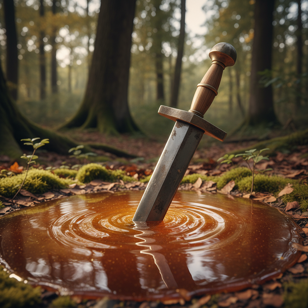 A Roman gladius half-submerged in a pool of dark, amber honey, the sticky liquid reflecting the dappled light of the for