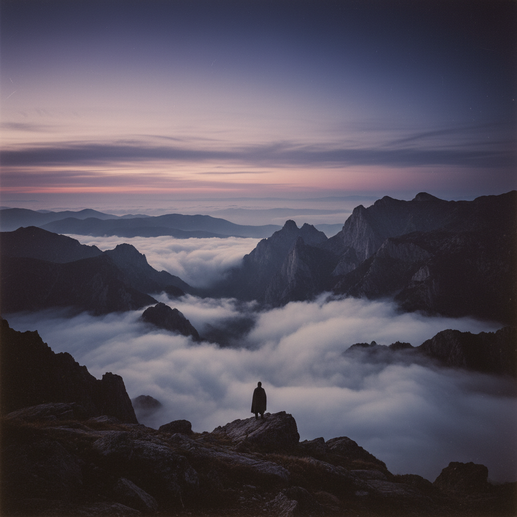 A sprawling, misty vista of the Pontic Mountains under a bruised violet sky at dawn, the clouds pooling in the valleys l