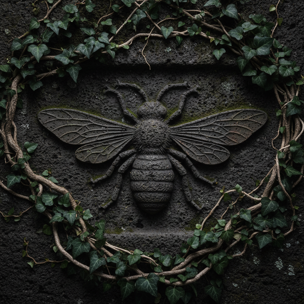 An ancient, weathered stone relief of a honeybee, its wings spread wide, carved into a dark volcanic rock, half-hidden b