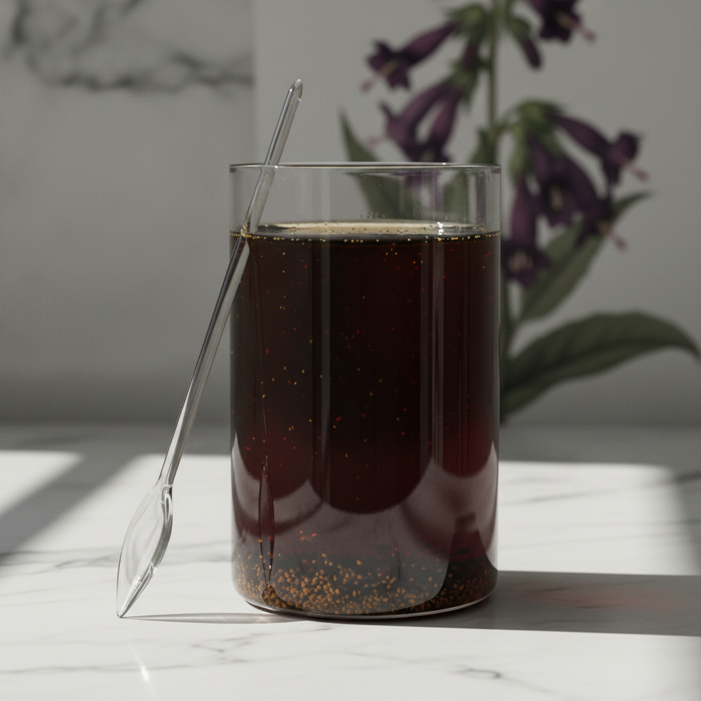 A modern, minimalist glass jar filled with dark honey, sitting on a marble countertop, the light catching the sediment o