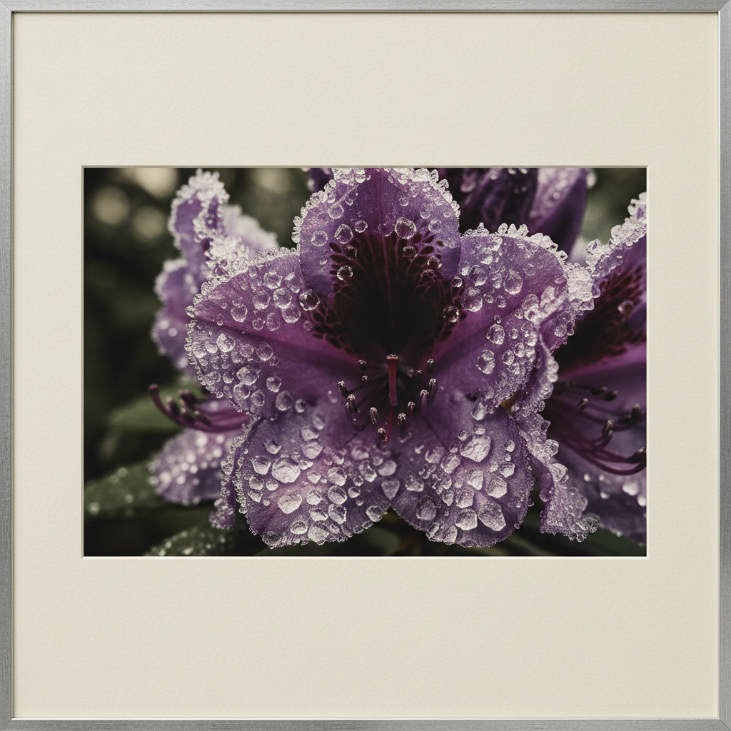 Close-up of a Rhododendron ponticum bloom, its petals glistening with a heavy, crystalline dew, the center of the flower