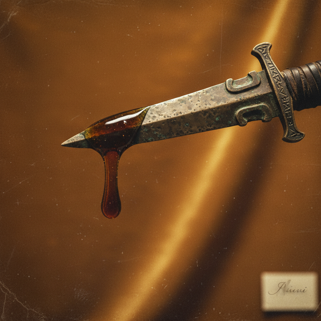 A single drop of dark honey suspended from the tip of a bronze dagger, the liquid thick and heavy as it prepares to fall