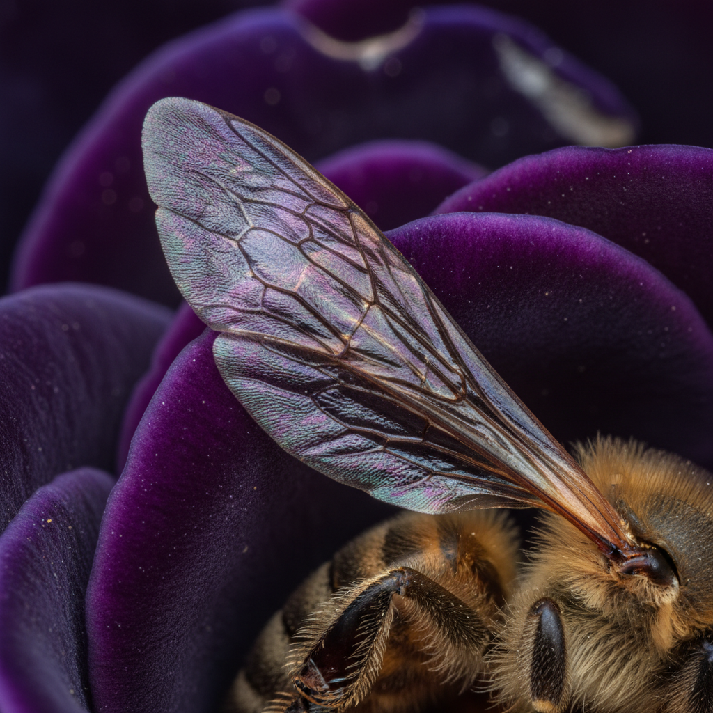 A macro photograph of a honeybee's iridescent wing resting against the velvet surface of a purple petal, the veins of th