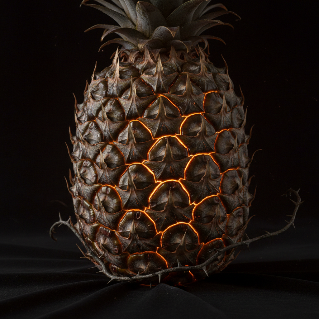 A close-up, dramatic shot of a pineapple’s textured skin, glowing under warm candlelight against a dark, velvet backgrou