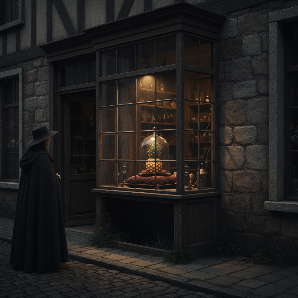 A dimly lit 18th-century storefront with a single, perfectly illuminated pineapple displayed in a glass case like a crow