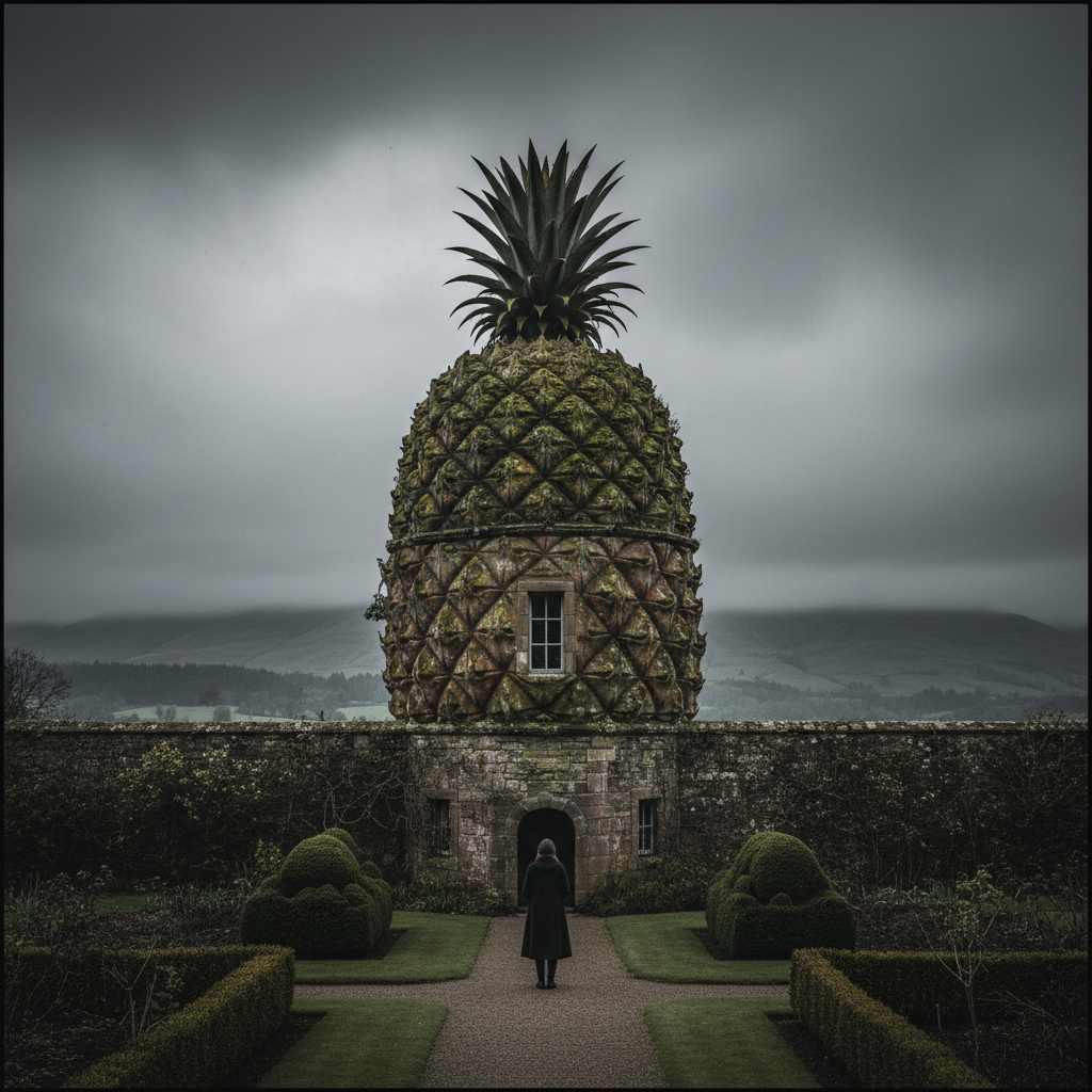 The Dunmore Pineapple building, its stone scales covered in a thin patina of moss, looming dramatically against a moody,