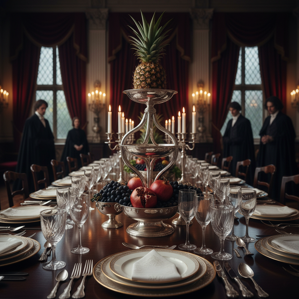 An elegant dinner table set for twenty, with crystal and silver, dominated by a tall, ornate silver stand holding a sing
