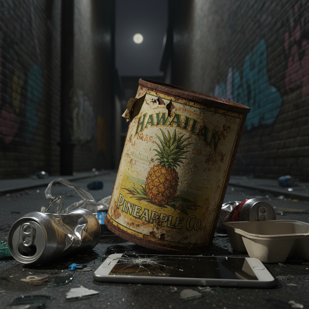 A vintage, rusted 19th-century tin can with a faded pineapple label, lying discarded among modern debris in a dimly lit 