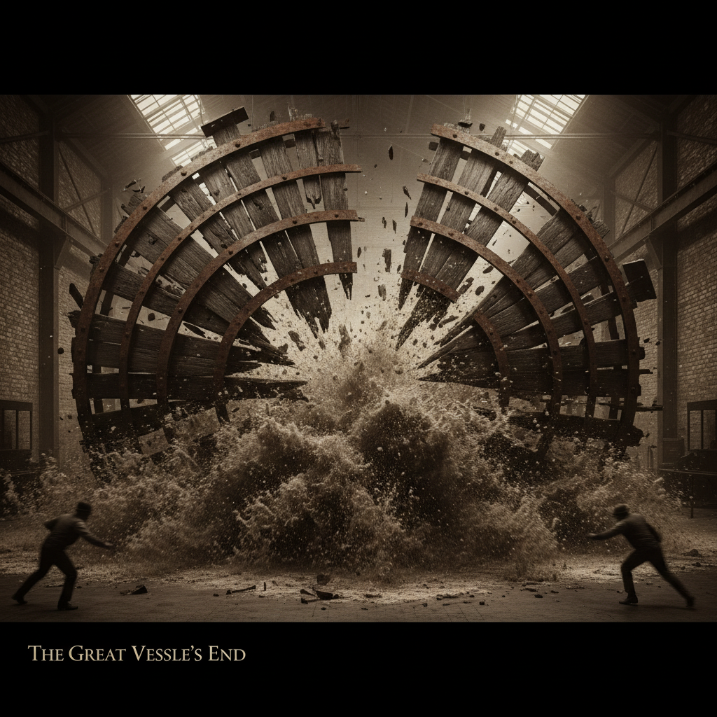 The moment of disintegration, showing the wooden staves of the Great Vat bursting outward like a splintering ribcage ami