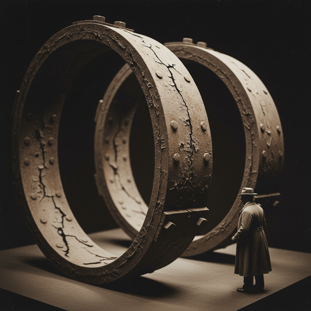 A close-up of the massive, rusted iron hoops showing signs of extreme tension, with the shadowed figure of a clerk stand