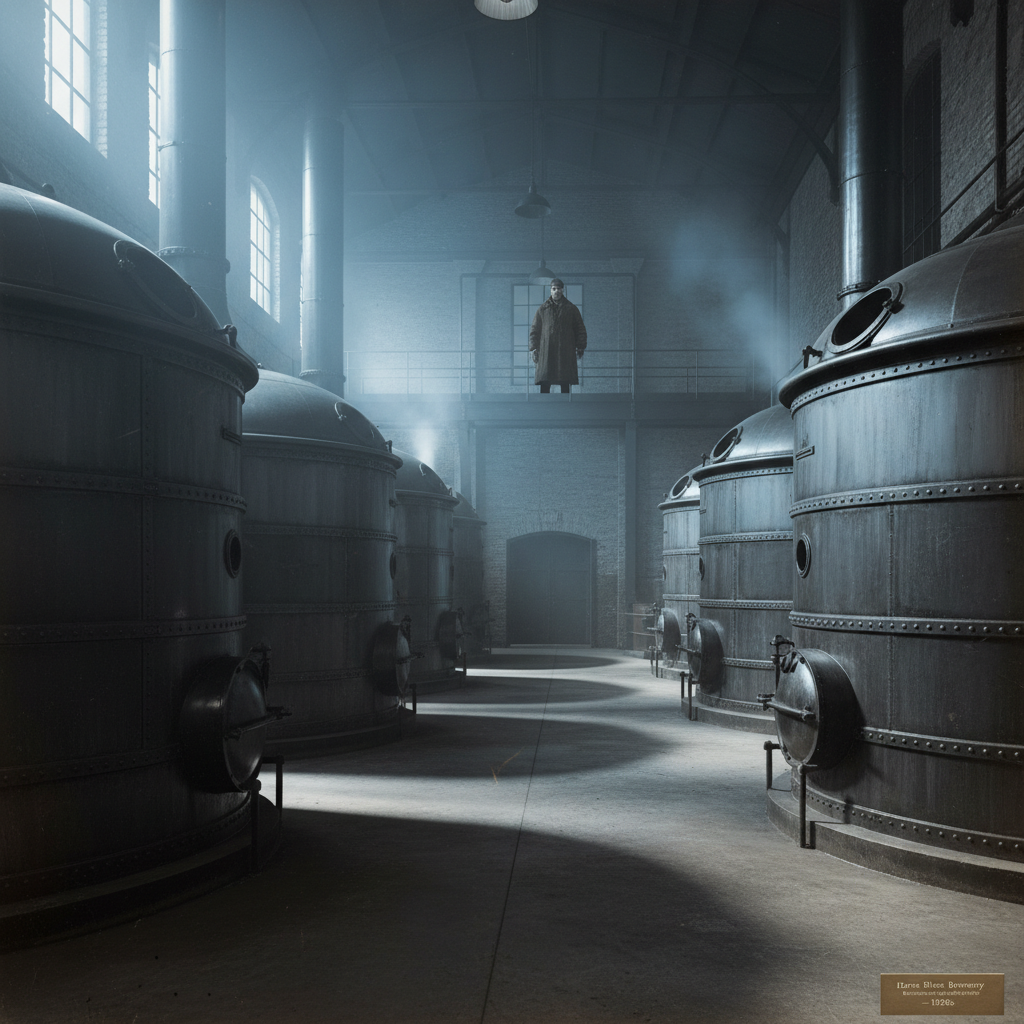 The newly reconstructed vats of the Horse Shoe Brewery, larger and more imposing than before, gleaming under a cold, ind