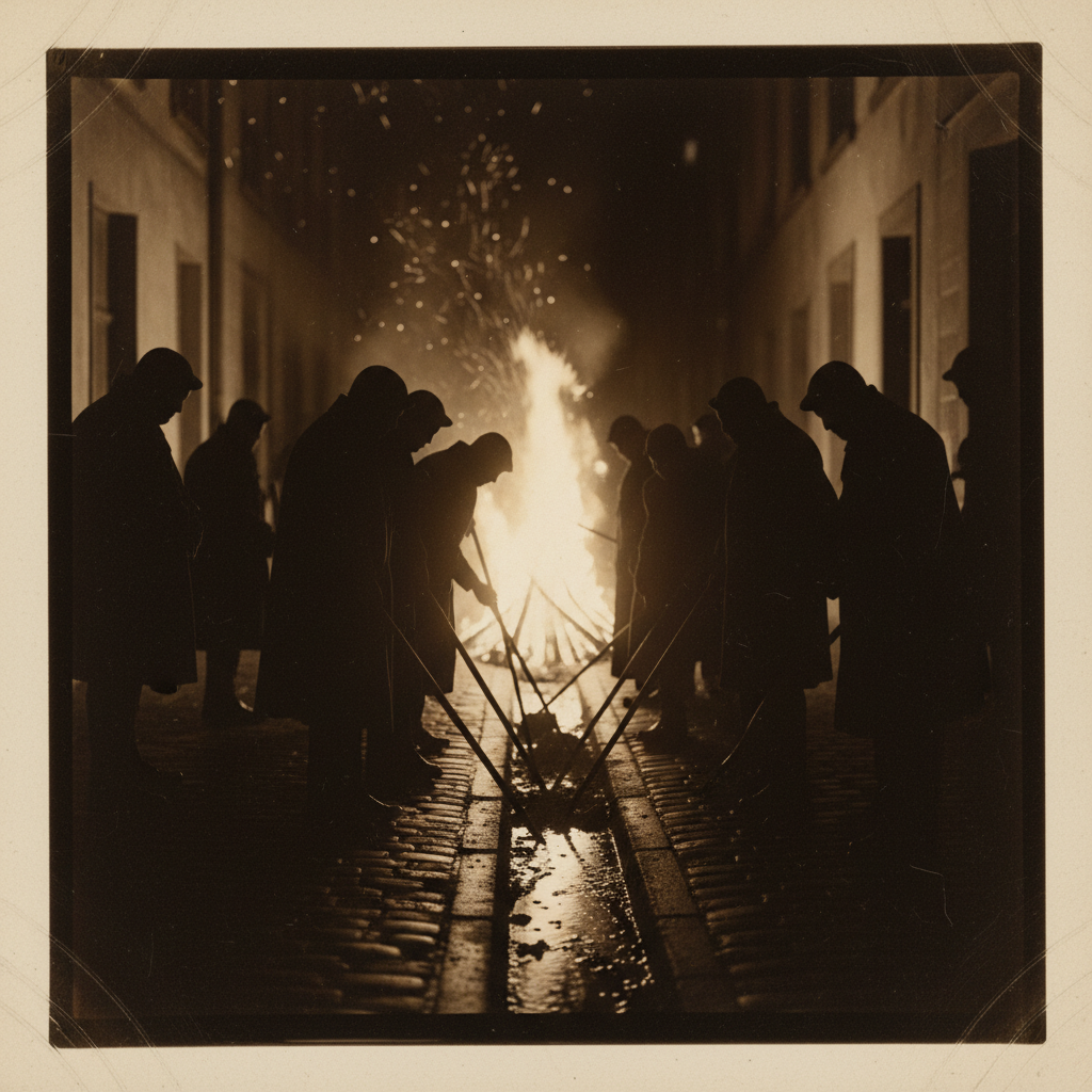 A crowd of shadowy figures huddled over a dark gutter, their silhouettes backlit by the flickering orange glow of a near