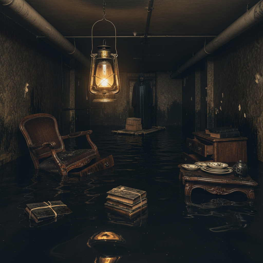 A lone, oil-slicked lantern illuminating the black, rising tide inside a cramped basement apartment, furniture bobbing l