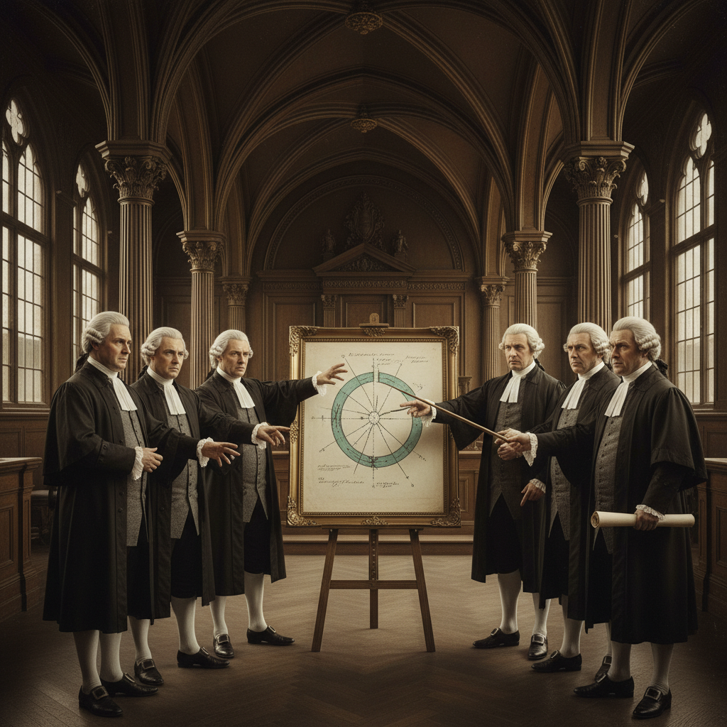 The interior of a high-ceilinged courtroom, where men in powdered wigs gesture toward a technical diagram of a ruptured 