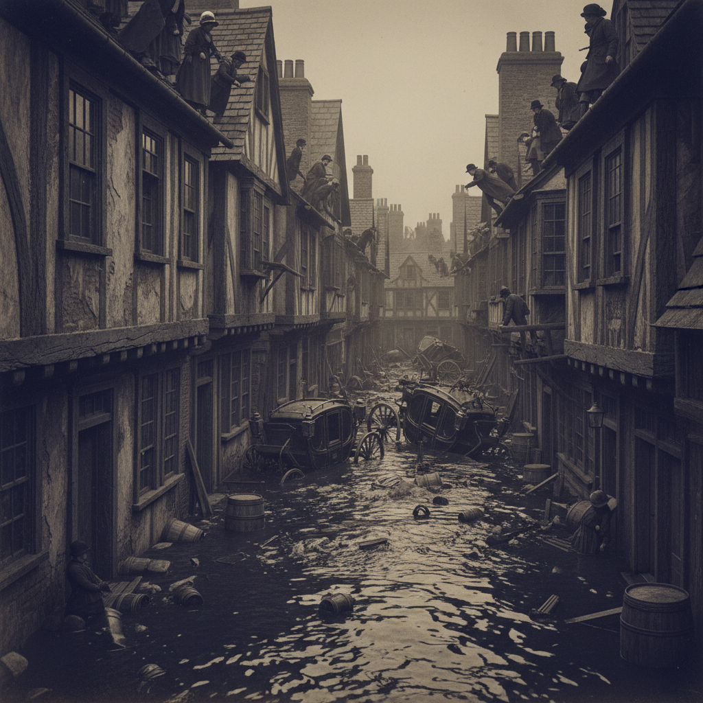 The dark flood surging through the narrow, crowded streets of the St. Giles rookery, the liquid rising to the first-floo