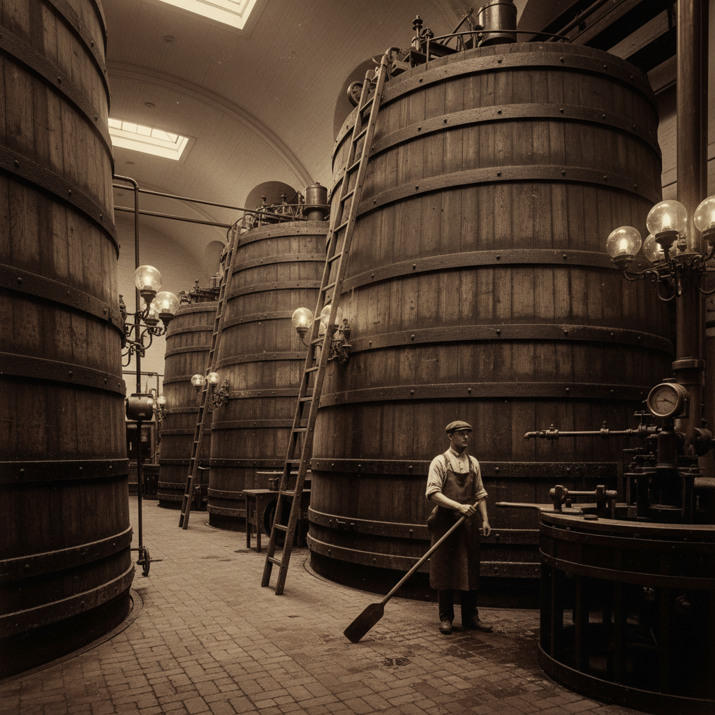 The towering iron-hooped vats of the Horse Shoe Brewery, illuminated by flickering gaslight and casting long, rhythmic s