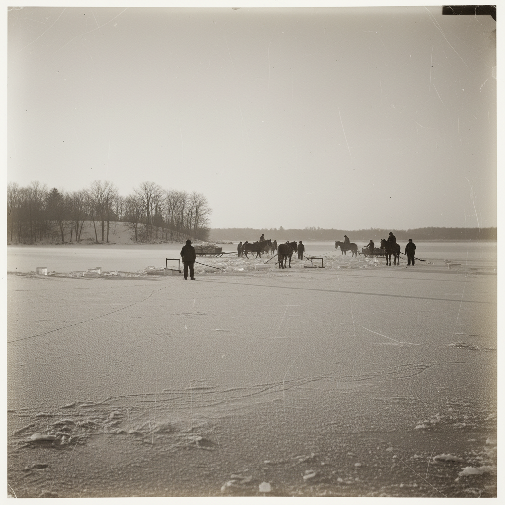 A sepia-toned landscape of a frozen New England pond at dawn, with the silhouettes of men and horses beginning a day of 