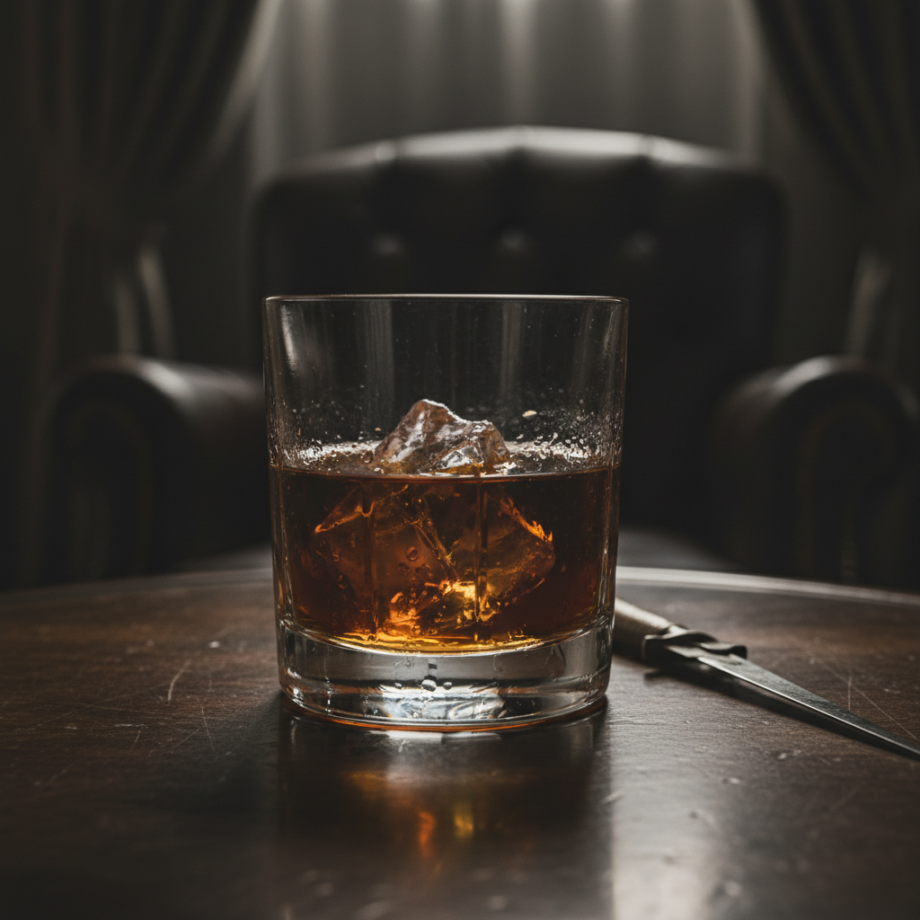 A crystal glass filled with a deep amber liquid and a single, jagged chunk of ice, condensation beading on the outside o