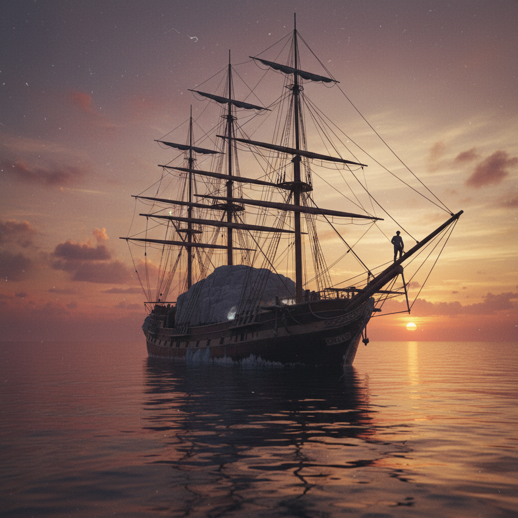 A tall-masted ship sailing through a tropical sunset, the hull low in the water under the weight of its unseen frozen ca
