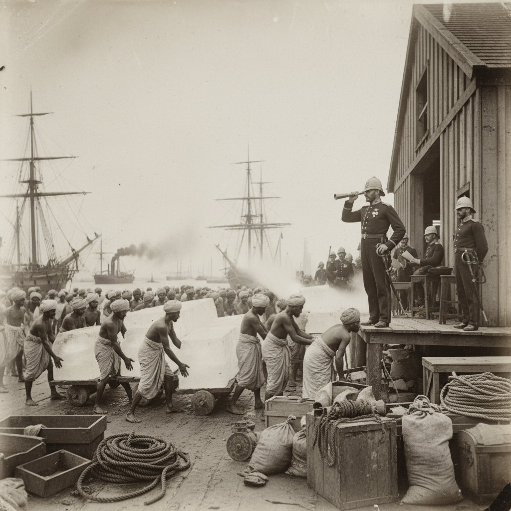 A bustling Calcutta wharf in the 19th century, with Indian laborers in turbans moving massive, steaming blocks of ice un