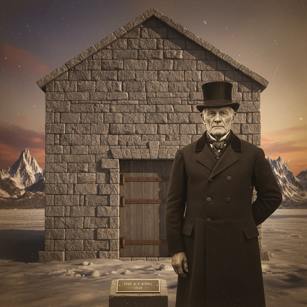 An aging Frederic Tudor, his face a map of lines and shadows, standing before a massive, windowless stone ice house as t