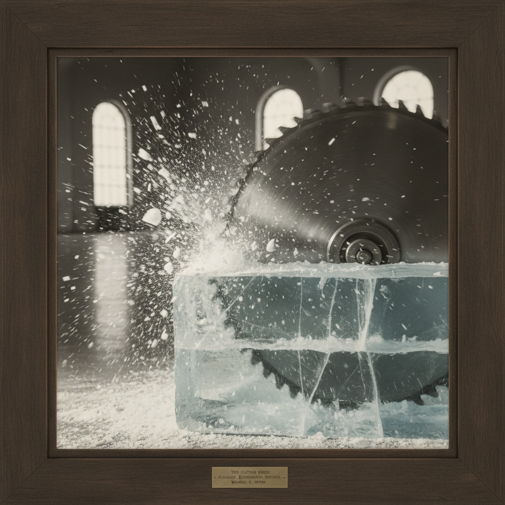 Close-up of a massive saw blade biting into thick, translucent ice, crystalline shards flying into the winter air.