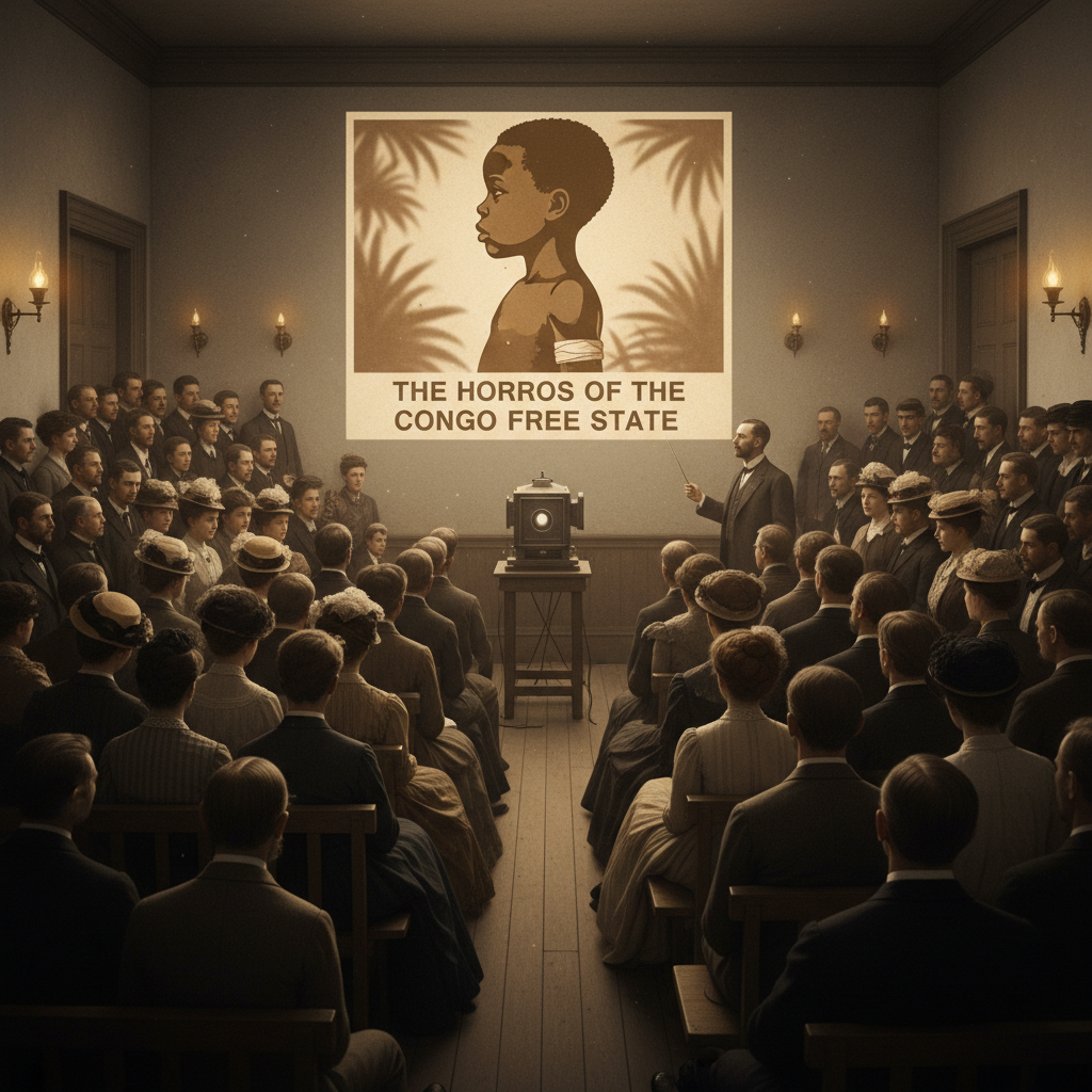 A lantern slide projection in a crowded London hall, the image of a mutilated Congolese child glowing against the wall.