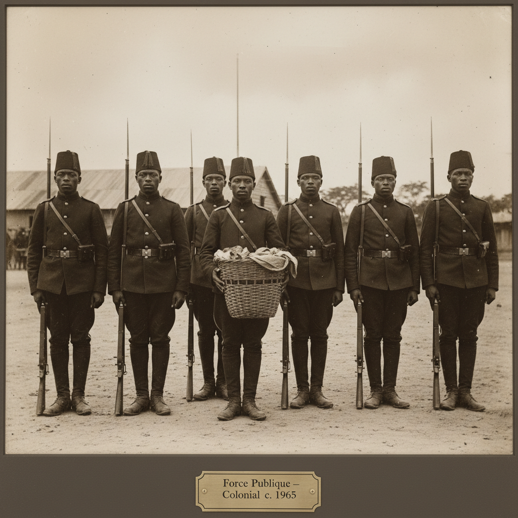 A group of Force Publique soldiers standing stiffly in uniform, one holding a basket, their faces unreadable.