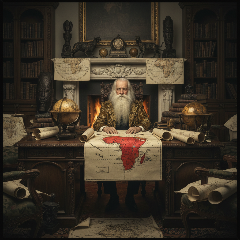 King Leopold II in his study, surrounded by maps of Africa and ornate furniture, his long white beard dominant.
