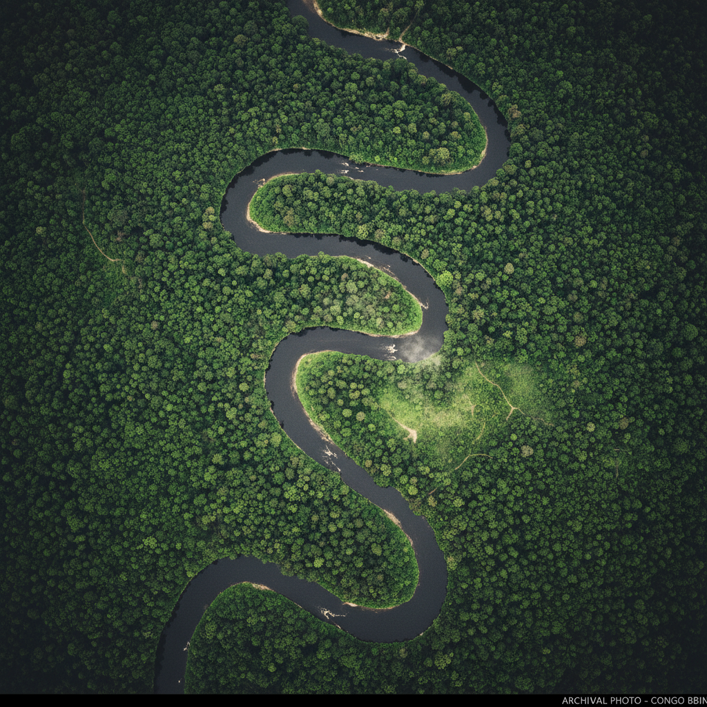 An overhead view of the Congo River winding like a dark snake through the endless, suffocating green of the canopy.