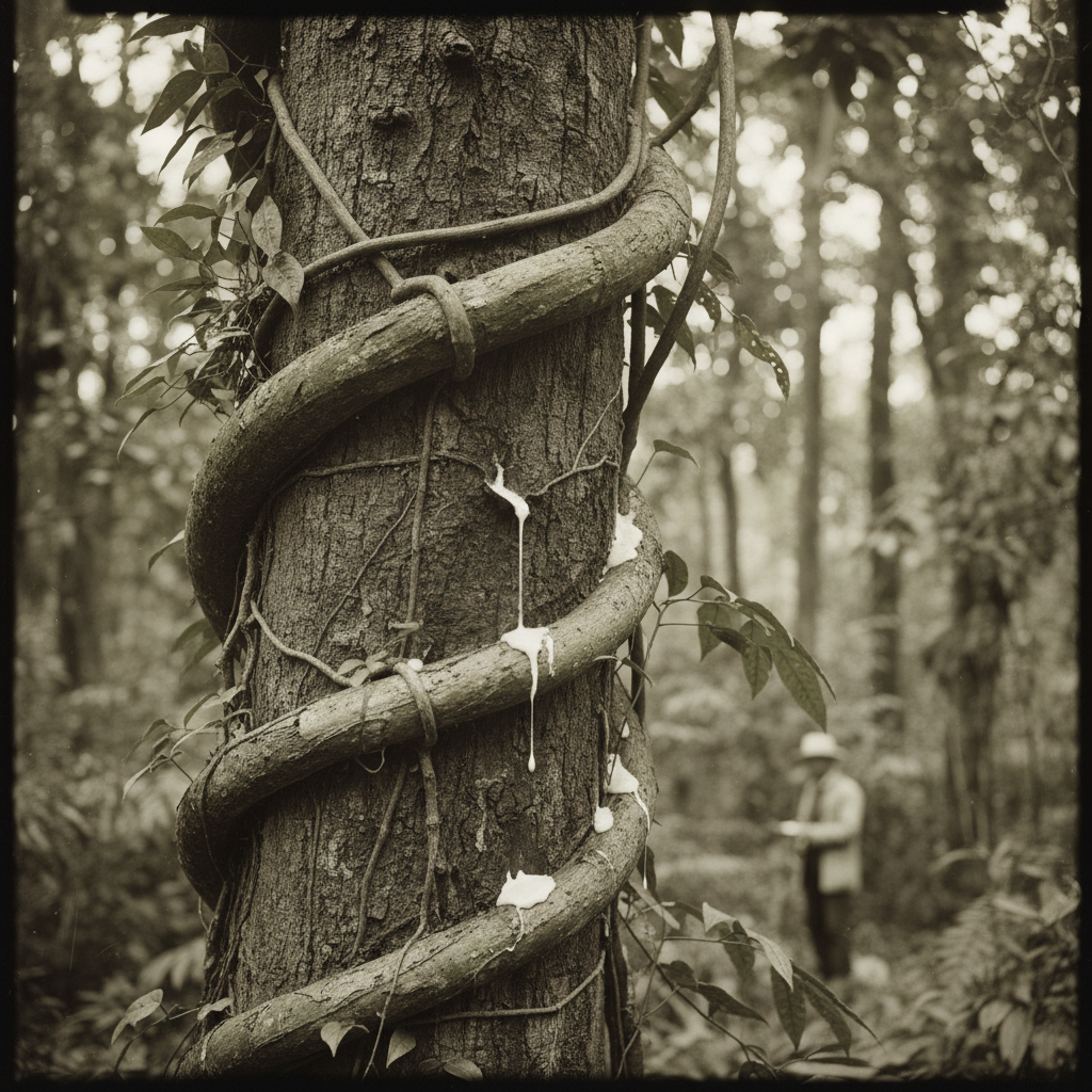 A close-up of the Landolphia rubber vine winding around a jungle tree, its sap dripping like thick milk.