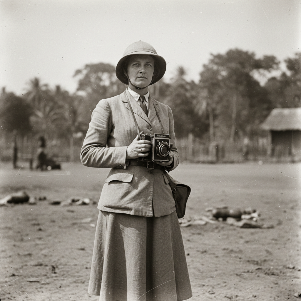 Alice Seeley Harris standing in the sun, her Kodak camera held at waist level, a look of grim determination on her face.
