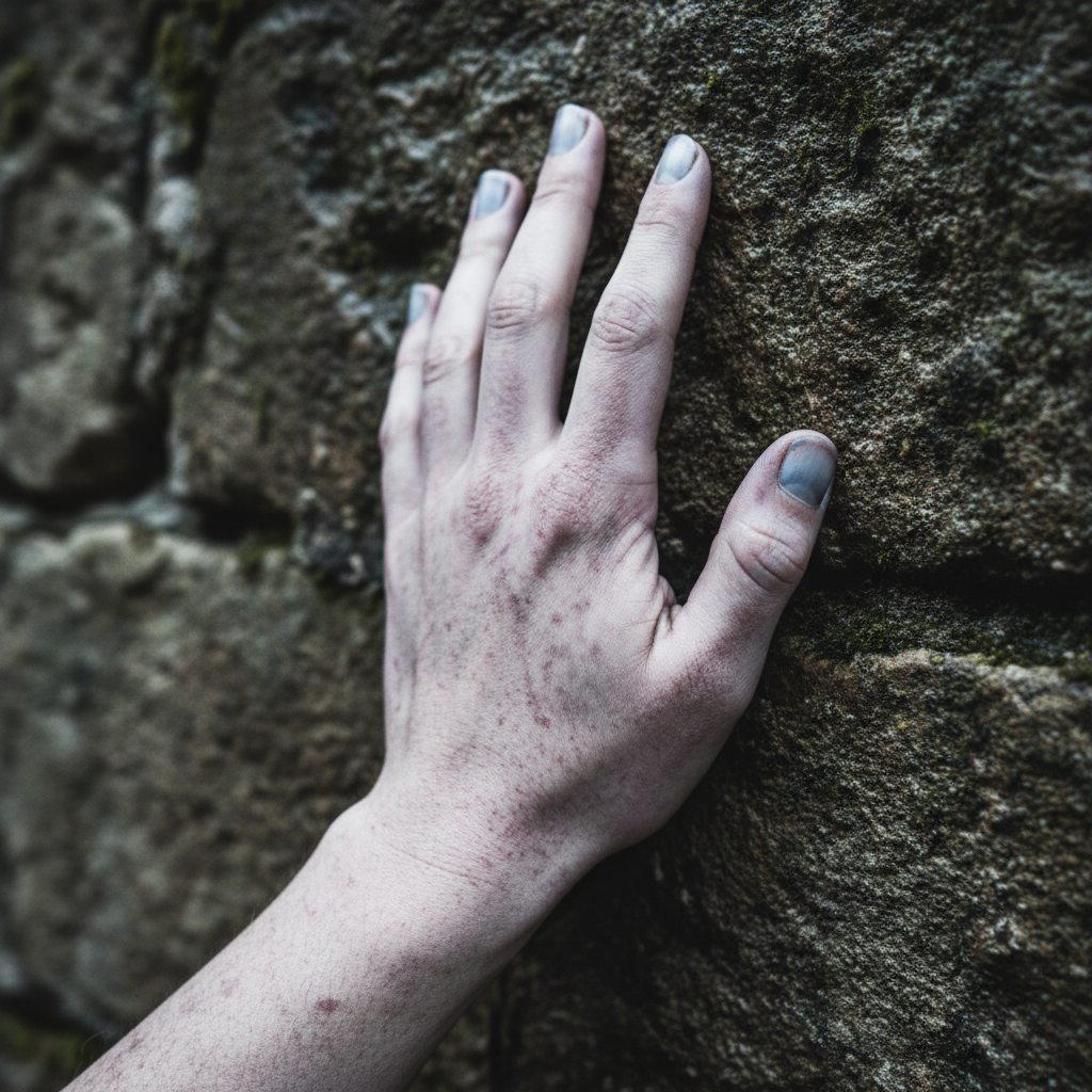 A close-up of a hand with pale, bluish fingernails and mottled, cold skin, signifying the restricted blood flow of ergot