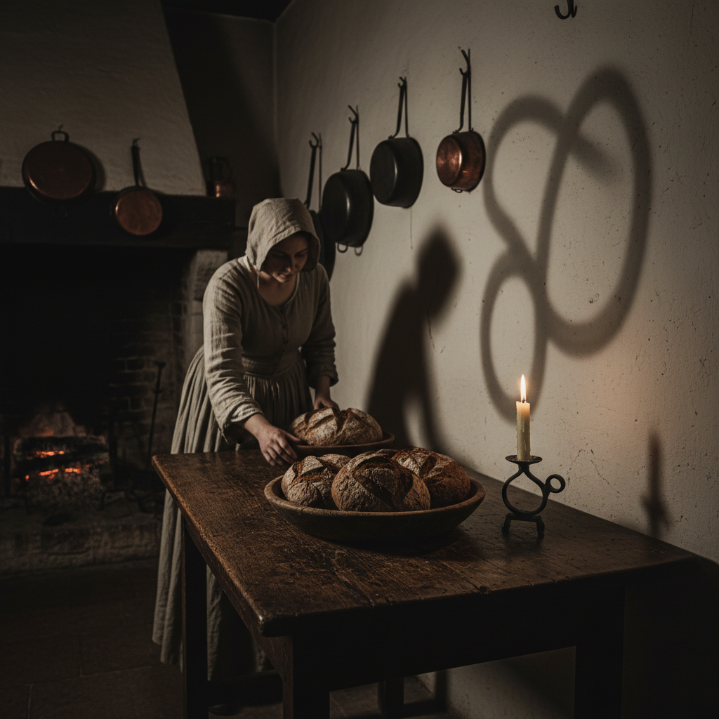 A dimly lit 17th-century kitchen with a wooden bowl of dark, dense bread sitting on a scarred oak table, a single candle
