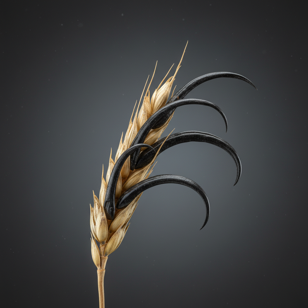 A close-up of a single rye head, its seeds replaced by long, dark, curved ergot spurs, looking like the talons of a bird