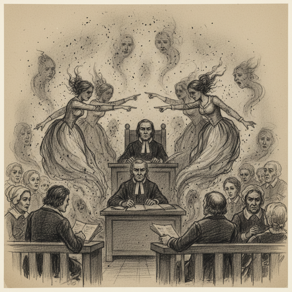 A charcoal sketch of the Salem courtroom, the air thick with dust motes that seem to swirl into phantom shapes around th