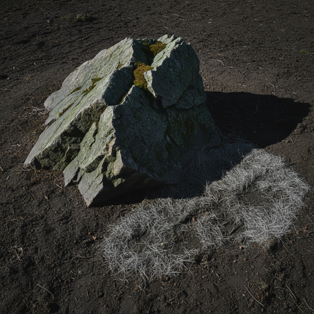 A heavy, moss-covered granite stone resting in the dirt, the edges sharp and unforgiving, casting a long shadow over a p