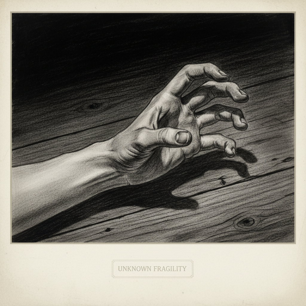 A charcoal sketch of a young girl’s hand, the fingers clawed and rigid, the skin appearing unnaturally pale and transluc