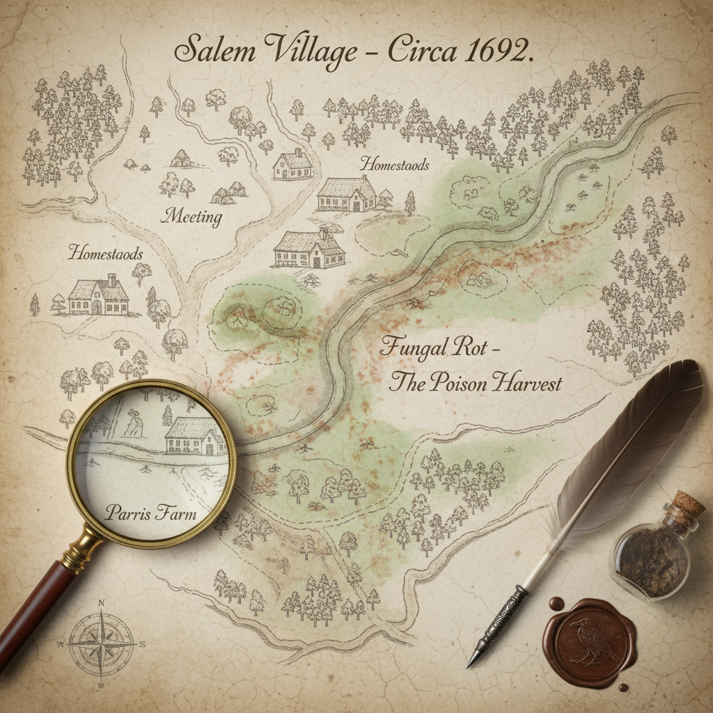 An archival map of Salem Village, the ink faded, highlighted with the low-lying, damp areas where the rye fields were mo
