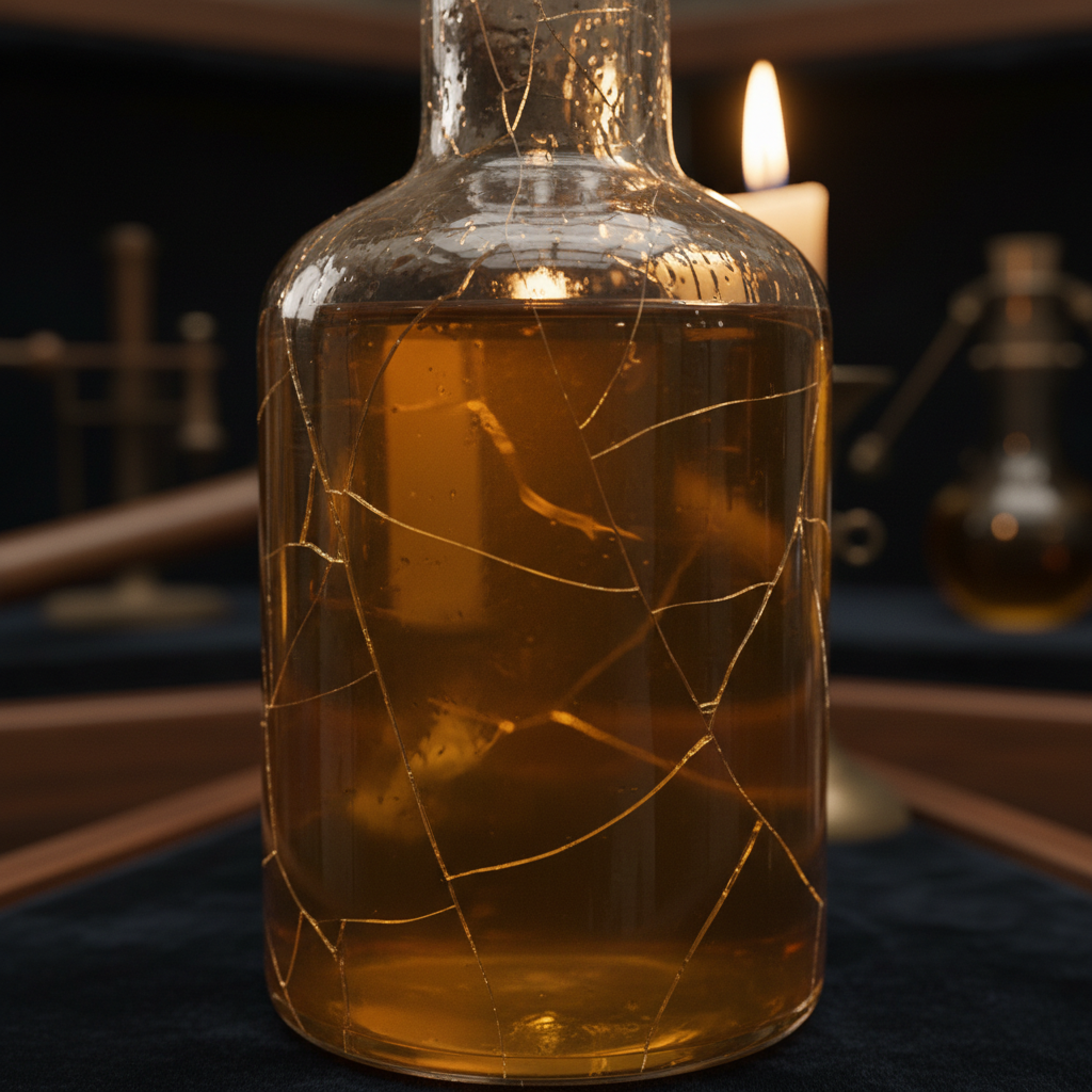A close-up of a cracked 18th-century glass bottle filled with clear, viscous liquid, reflecting a flickering candle.