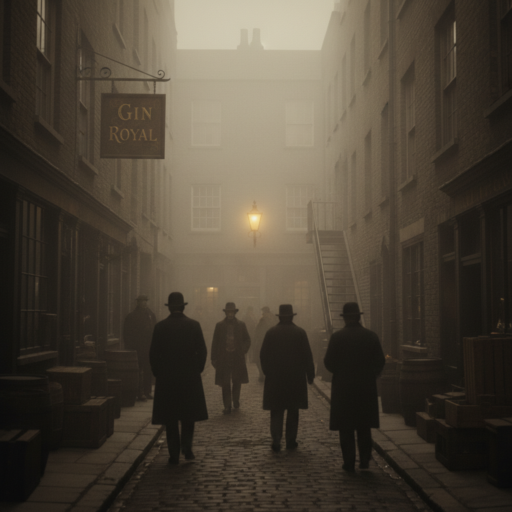 A crowded, dark London alleyway shrouded in thick fog, with the dim glow of a lantern illuminating a "Gin Royal" sign.